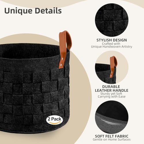 BOLDMONKEY Laundry Basket 15" x15 " x13 " 2 Pack, Round Blanket Basket with Leather Handle, Felt Storage Basket for Living Room, Nursery, Dog Toys-Dark Gray - color: Dark Gray