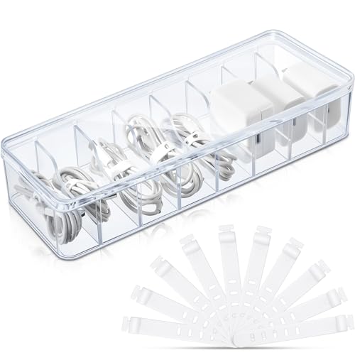 Tatuo 1 Pcs Cable Organizer Box with Wire Ties, Plastic Cord Storage Box with Lid, Electronics Organizer for Home Office Desk Organizers and Accessories (Clear)