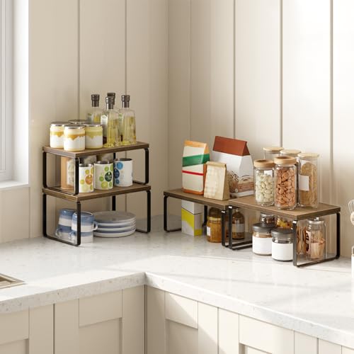 HOOBRO Cabinet Organizer Shelf, Set of 4 Kitchen Counter Shelves, Expandable Kitchen Storage, Stackable Bamboo Spice Rack, for Kitchen, Countertop, Office Desk, Bathroom, Mocha and Black CB30TLP201 - color: Mocha, Black