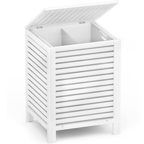Homykic Bamboo Laundry Hamper with Lid, 120L Large Clothes Laundry Sorter with Removable 2-Section Liner Bag, Raised Laundry Basket Organizer for Clothing, Bathroom, Bedroom, Laundry Room, White - color: White