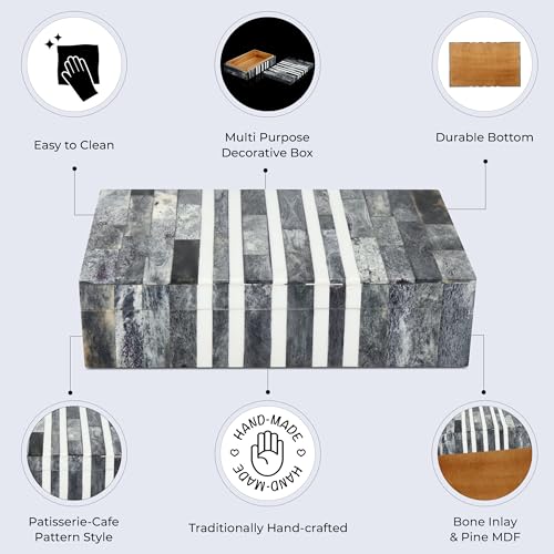 Handicrafts Home Small Decorative Storage Box with Lid, Patisserie Cafe Stripe Pattern Jewelry Keepsake Trinket Box Organizer, Bone Inlay Resin Wooden Coffee Table Dresser Box, Grey & White, 8x5x2 - color: PATISSERIE-CAFE, size: 8x5x2 Inch