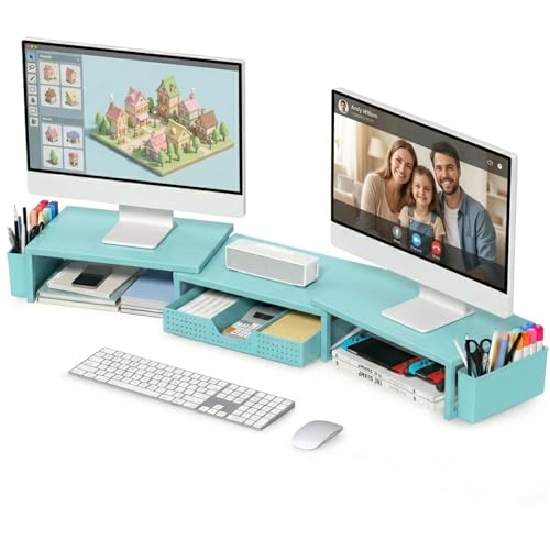 OPNICE Desk Organizers and Accessories, Dual Monitor Stand Riser with Drawer and 2 Pen Holders, Desk Shelf Metal Computer Monitor Stand for Office Workspace Organizers, Desktop Organization (Blue Metal) - color: Blue Metal, size: With drawer and pen holde