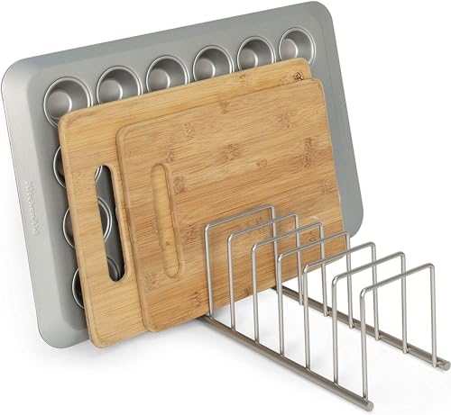 Spectrum Euro Kitchen Organizer Metal Dish Rack Cutting Board Holder Stand for Countertop or Inside Cabinet Organization, 8 Slot Cutting Board Plate Drying Rack for Bakeware Storage, Satin Nickel - color: Satin Nickel, size: 1 Count