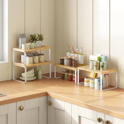 HOOBRO Cabinet Organizer Shelf, Set of 4 Kitchen Counter Shelves, Expandable Kitchen Storage, Stackable Bamboo Spice Rack, for Kitchen, Countertop, Office Desk, Bathroom, Natural and White YW30TLP201 - color: Natural, White