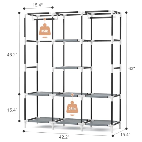 VTRIN Portable Closet Wardrobe for Hanging Clothes with 2 Hanging Rods and 8 Storage Organizer Shelves,Free Standing Clothes Rack with Cover Sturdy Large Wardrobe Closet for Bedroom,Printing - color: Printing, size: 3 Row - 49'' Wide