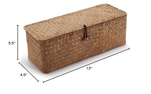 DOKOT Seagrass Woven Storage Basket with Lid, Rectangular Narrow Tampon Toilet Tank Organizer - color: 3 Section with Lid