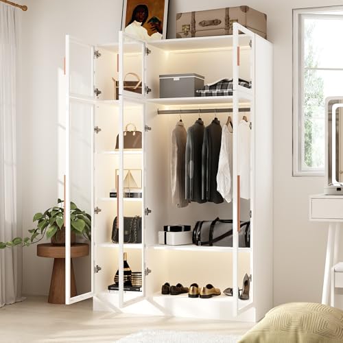 Hitow Wardrobe Cabinet with LED Lights, Armoire Closet with Glass Doors, Wooden Large Wardrobe with Hanging Rod & 5 Tiers Shelf, Modern Bedroom Armoire Clothes Organizer, White 47.2" W - color: 3 Door - White