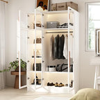 Hitow Wardrobe Cabinet with LED Lights, Armoire Closet with Glass Doors, Wooden Large Wardrobe with Hanging Rod & 5 Tiers Shelf, Modern Bedroom Armoire Clothes Organizer, White 47.2" W - color: 3 Door - White