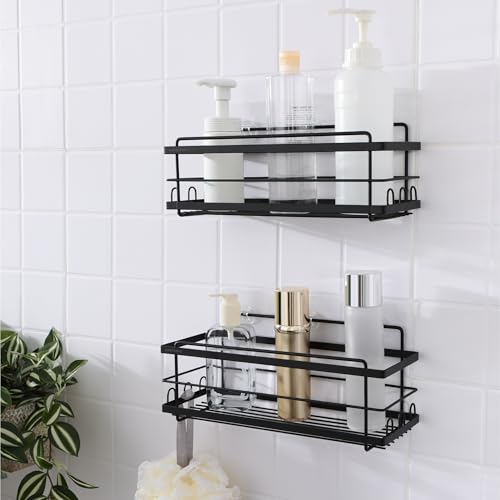 KINCMAX Iron Shower Caddies - Self Adhesive Bathroom Shelves for Showers - Wall Organizer Shampoo Holder Shelf - Peel and Stick On Caddy Bath Tub Rack - Pack of 2 Holders - Black - style: 2-Pc Caddies - Straight, Black