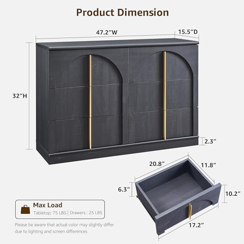ACCOHOHO Arched Dresser for Bedroom with 6 Drawers, 47.3" Wide Modern Chest of Drawers with Rounded Edge & Metal Handles, Wood Storage Closet Dressers TV Stand for Living Room, Hallway, Black - color: Black, size: 15.6"D x 47.3"W x 32"H (6 Drawers)