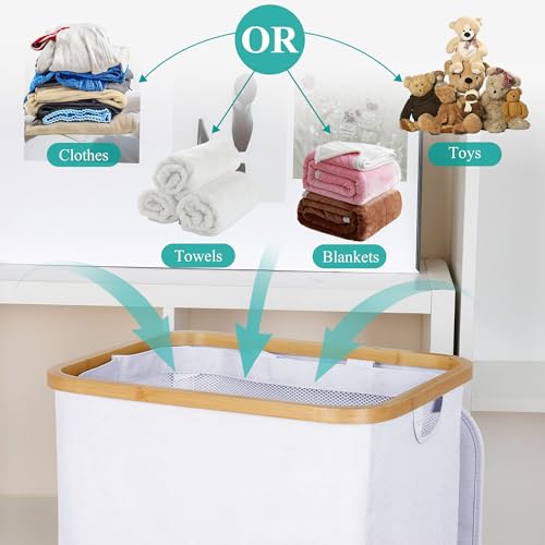 iEGrow 110L Laundry Hamper with Lid，Dirty Clothes Hampers for Laundry,Laundry Basket with Bamboo Handles and Removable Bag,Hamper for Bedroom, Bathroom, Dorm, Laundry Room, White - color: White, size: 110L