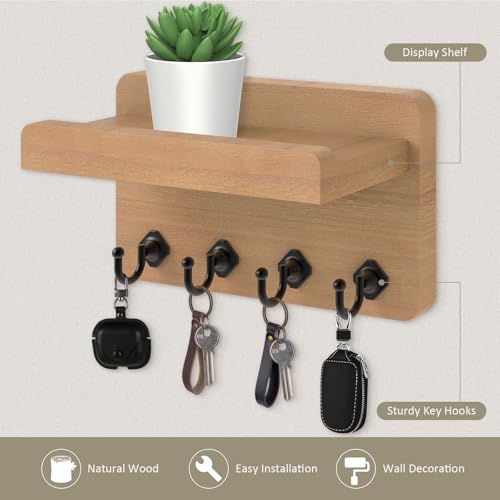 Nekon Key Holder Wall Mount, 8.5 Inch Small Home Decor Wooden Wall Organizer with 4 Hooks and Shelf, Key and Mail Holder for Living Room Entryway Kitchen (Wood) - color: Wood
