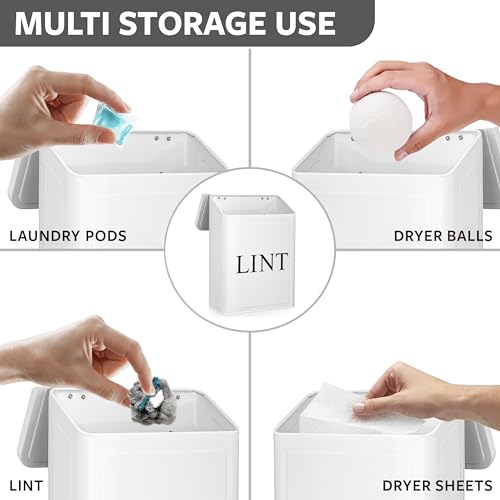 Calindiana Modern Farmhouse Metal Magnetic Lint Bin with Lid and Laundry Room Organization and Storage Wall Mount Space Saving Washer and Dryer Trash Can (White (LINT Brush Set)) - color: WHITE (LINT BRUSH SET)