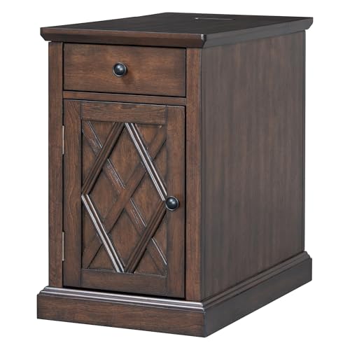 Multifunctional Classic Vintage End Table with USB Ports and 1 Drawer with Cup Holders, Sofa Side Narrow Table with Storage, Bedside Nightstand for Living Room Bedroom (Antique Espresso-4.3) - color: Antique Espresso-4.3