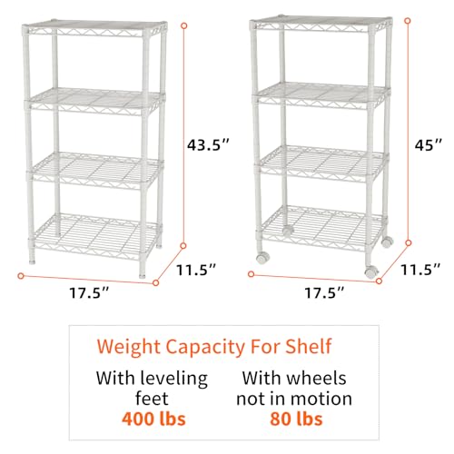 SINGAYE 4 Small Shelves Storage Shelf Wire Shelving Unit Metal Shelf Adjustable Organizers Storage Shelving with Wheels for Bathroom Laundry Room Kitchen Pantry11.5”D x 17.5”W x 30.5”H White - color: White, size: 4Tier/11.5"D X 17.5"W X 45"H