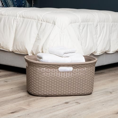 Mind Reader 40L Laundry Basket, Clothes Hamper, Wicker Design, Plastic, 23"L x 14.5"W x 11"H, Set of 2, Tan - color: Tan