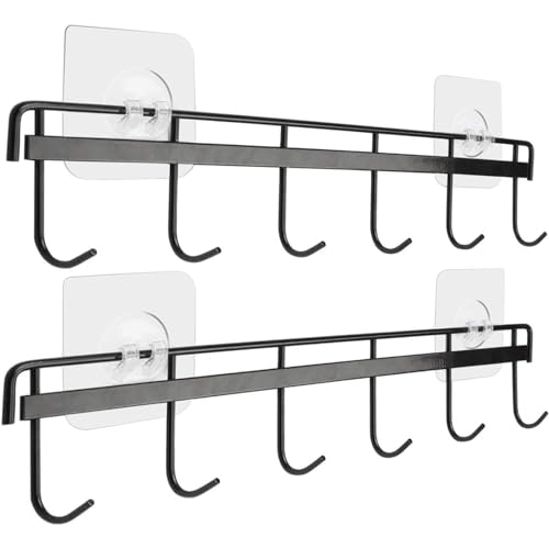 YiZhi Adhesive Wall Hooks Rack Kitchen Rail, Space Saving Utensil Holder No Drilling Wall Mounted Accessory Hanger with 6 Hooks for Kitchen Bathroom Bedroom Pack of 2 (Black) - color: Black