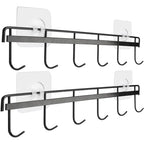 YiZhi Adhesive Wall Hooks Rack Kitchen Rail, Space Saving Utensil Holder No Drilling Wall Mounted Accessory Hanger with 6 Hooks for Kitchen Bathroom Bedroom Pack of 2 (Black) - color: Black