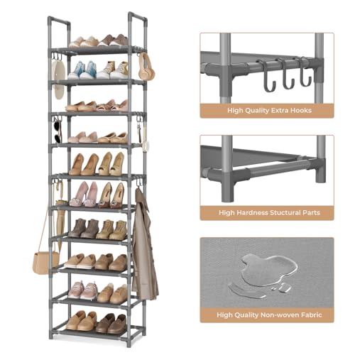 VTRIN 10 Tiers Tall Shoe Rack Holds 20-25 Pairs of Shoes Sturdy Vertical Shoe Organizer with 18pcs Hooks Stackable Narrow Shoe Rack for Closet, Entryway Grey - color: Grey, size: 17" Wide - 10 Tier