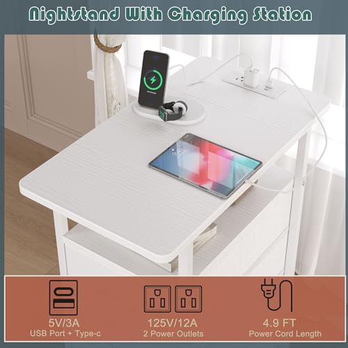 sthmec End Table with Charging Station,LED Side Tables with USB Ports and Outlets,Narrow Nightstands Bedside Tables with 3 Drawers PU Finish for Small Space,Slim Sofa Table for Livingroom,White - color: White, size: 11.75'' W*21'' D* 24.3'' H, style: Powe