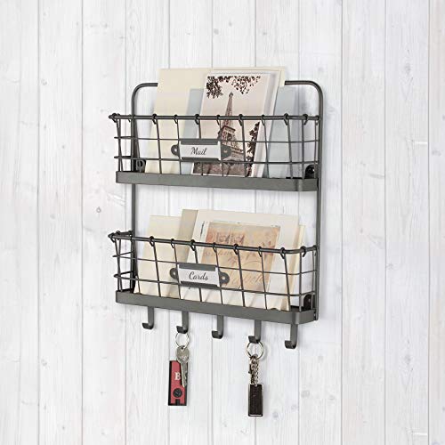 Spectrum Mail and Key Organizer for Wall, Vintage 2-Tier Mail Holder for Wall with 5 Key Hooks, Farmhouse Entryway Key and Mail Holder, Hanging Mail Organizer Rack for Letters Bills, Industrial Gray - color: Industrial Gray