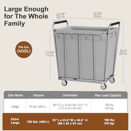 Hoctieon Large Laundry Cart with Wheels, 400L Heavy Duty Laundry Basket Organizer, Rolling Hamper Sorter for Clothes Storage, Industrial Dirty Clothes Hamper for Home & Hotel, Gray - color: Gray, size: 400L