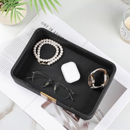 Valet Tray Desktop Storage Organizer, PU Leather Catchall Bedside Vanity Tray with Brass Accents Block Nightstand Organizer for Keys Watch Wallet Phone, Decorative Nightstand Storage (Black) - color: Black