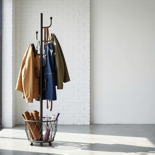 Cactus shaped Freestanding Metal Coat Rack Stand with Basket Modern Organizer for Scarf Jacket Hat Bags Ideal for Home Entryway Bedroom Corner Stable and Moveable (black) - color: black