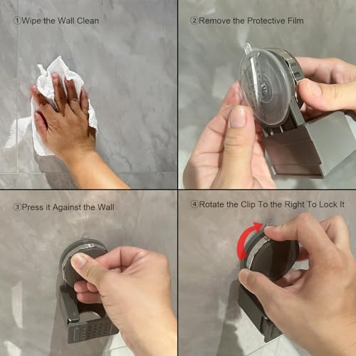 Strong Suction Cup Mop Holder (2-Pack) – No Drill Wall Mount Broom and Mop Organizer, Reusable Removable Holder for Bathroom, Kitchen, Tile & Glass Surfaces (Gray - 2 Pack)