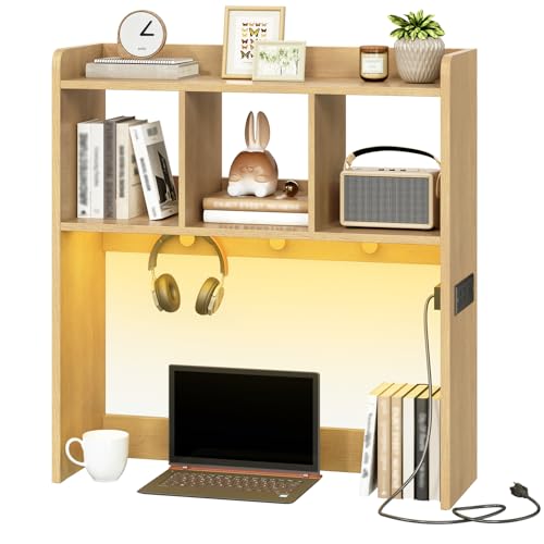HOOBRO Desktop Bookshelf, Office Desktop Shelf, Desk Hutch with Outlets, Wooden Office Desktop Bookcase, Desktop Organizer Shelf with LED Light Strip and 3 Hooks, for Home, Study, Natural NL12UDSJ01 - color: Natural