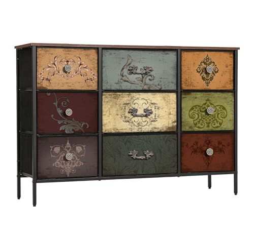 VASICAR Dresser for Bedroom with 9 Deep Fabric Drawers, Wide TV Stand Storage Cabinet, Colorful Chest of Drawers for Closet, Nursery, Entryway, Hallway - color: Pattern
