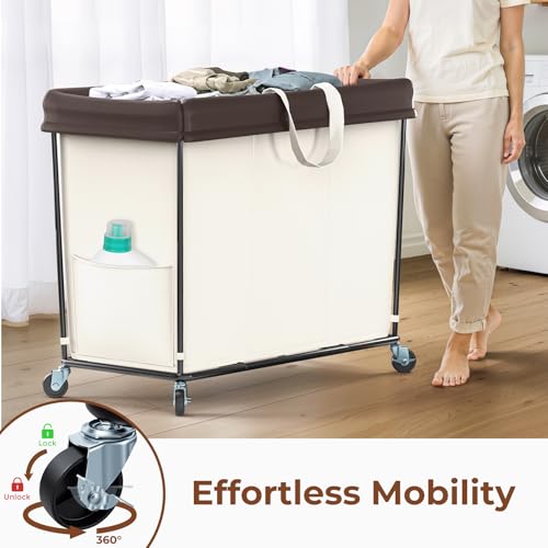 Mefirt 320L Laundry Hamper with Wheels, 3 Section Large Rolling Laundry Basket Bag with Wheels, Clothes Hamper Cart for Laundry, Bedroom, Bathroom and Dorm - color: beige-3 section, size: 320L