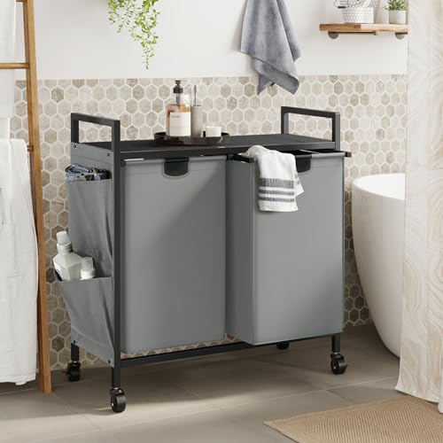 WOWLIVE Double Laundry Hamper with Lid,Rolling Laundry Basket Organizer with Wheels, Iron-Made Laundry Sorter with Top Shelf and 2 Removable Bags,Large Clothes Storage for Room,Gray - color: Gray, size: 110L (30.0 x 13 x 32 Inches)
