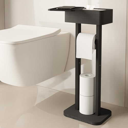 Wealone 4-in-1 Black Toilet Paper Holder Stand with Storage Shelf Box, 360° Rotating Bamboo Free Standing Toilet Tissue Roll, Toilet Wipes Dispenser Organizer, Temporary Desktop for Bathroom (Patent) - color: Black