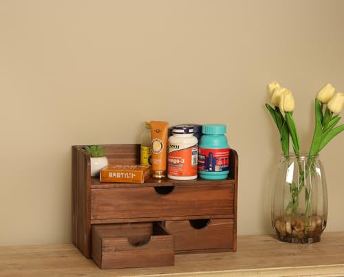 Vintage Rustic Brown Wooden 3 Drawer with Shelf Office Desk Organizer & Mail Rack For Desktop,Box for Office Home makeup holder Toiletries Supplies Vanity, No Assembly Required (Brown) - color: Brown