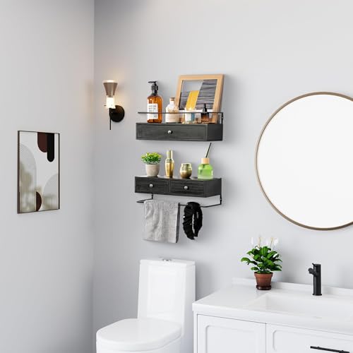 DreamPossible Floating Shelves - Wall Mounted Bathroom Shelf Set of 2 with Drawers, Rustic Wood Shelves for Bedroom, Living Room, Kitchen, Home Decor, Plants, Books (Black) - color: Black, size: 13.8 Inch Long