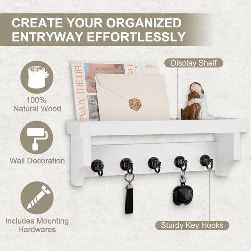 Key and Mail Holder Wall Mount, Key Holder with Shelf and Mail Organizer Wall Mount. Mail Holder with 5 Hooks for Coat, Dog Leash, Home Decor Rack, Entry Way Organizer (White) - color: White