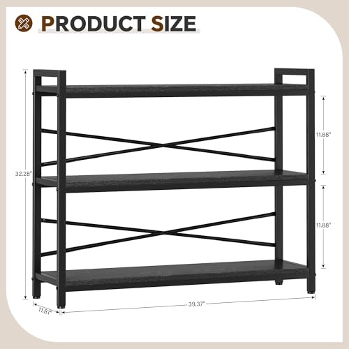3 Tier Bookshelf 39.37" Width, Dorm Desk Hutch, Desk Shelf, Long Industrial Bookcase, Wooden Large Book Shelf for School Home Living Room Bedroom Office Storage(Black) - color: Black, size: 3 Tier - 39.4" W