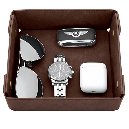 CASIRENA Faux Leather Valet Tray Organizer for Men - Catch-All Tray for Entryway Table Key, Wallet, Watch, Coin Change, Phone, Dresser EDC Dump Jewelry, Bedside Nightstand Desk-top - color: Coffee Brown, size: Square