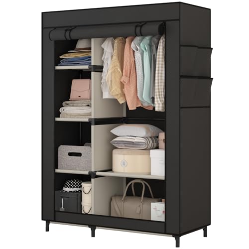 Calmootey Portable Closet Organizers, Clothing Storage, Wardrobe with 6 Shelves and Hanging Rod, Non-Woven Fabric Cover with 4 Side Pockets, Black - color: Black