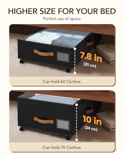 Under Bed Storage with Wheels, 10 inches Under Bed Storage Containers, 65L XXL Large Adjustable Underbed with Lids, Rolling Underbed Storage bins for Shoes, Clothes, Blankets, Black - color: Black