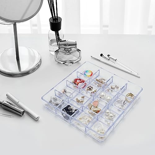 carrotez Small Stackable Jewelry Organizer Tray, 16 Grid, Clear Plastic Drawer Organizer for Makeup, Accessories, Desk, Vanity