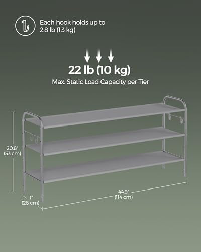 SONGMICS Shoe Rack, 3-Tier Shoe Organizer, Fabric Shoe Shelf Storage with 4 Hooks, Holds up to 18 Pairs of Shoes, Height-Adjustable Shoe Rack for Entryway, Hallway, Closet, Easy Assembly, Dove Gray - color: Dove Gray, size: 3 Tier (20.8"H)