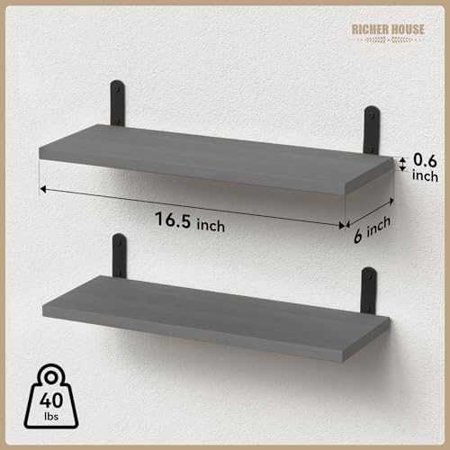 RICHER HOUSE Rustic Wood Bathroom Shelves Set of 2, Farmhouse Style Floating Shelf for Wall Décor, Hanging Shelves for Bedroom, Storage, Kitchen, Living Room - Grey - color: Grey, size: 2 Pcs:16.54in