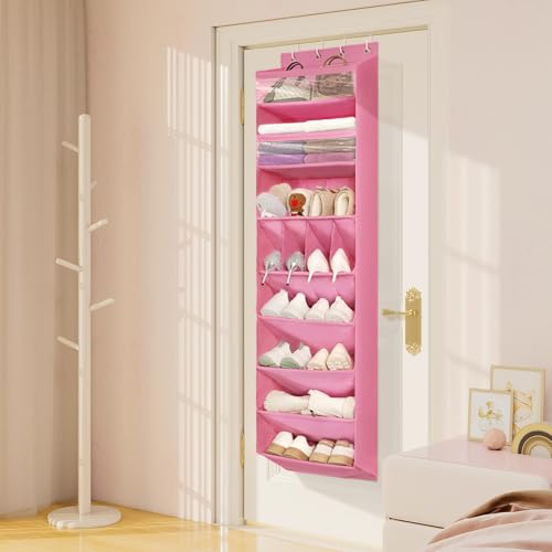 FENTEC 1 Pack 8 Shelves Over The Door Shoe Organizer,68" Exlarge Deep Pockets Hanging Shoe Organizers, Shoe Rack for Closet, Shoe Holder for Boots,Over Door Organizer in Home, RV, Dorm, Pink - color: PINK-(25+ Pairs), size: 1 Pack