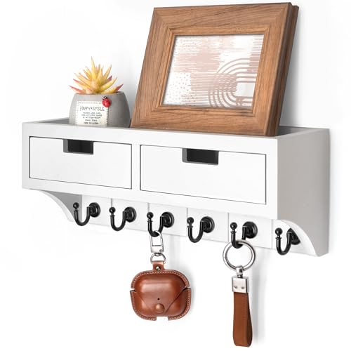 Rebee Vision Key Holder Wall Mount with Drawer Organizer: Mail Organizer with 6 Key Hooks & Dual Drawer Storage - Room Decor for Home and Apartment Essentials (Modern White) - color: White, style: 2-Drawer