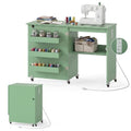 Giantex Folding Sewing Table with Charging Station, Rolling Craft Table with Storage Trays & Shelf, Foldable Sewing Machine Cabinet Desk with Lockable Wheels for Small Spaces (Sage) - color: Sage