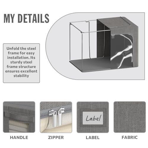 4 Pack Clothes Storage Bins with Metal Frame - 22L Stackable Storage Box with Lid，Foldable Storage Container Organizer for Clothes，Linen Fabric Storage Box with Clear Window＆Zippers＆Handles - color: Grey, size: 22L