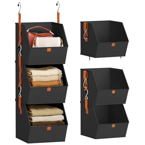Homsorout Collapsible Hanging Closet Organizer - 3 Tier Closet Shelves Storage System with Hooks, Fabric Hanging Storage Bins for Clothes, Foldable Storage Basket for Laundry, Bedroom, Rv, Black - color: Black, size: 3 shelves