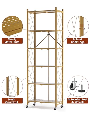 ALANNG 73.6 Inch Folding Bookshelf, 6 Tier Metal Bookcase and Bookshelves, Tall Shelves for Living Room Office Bedroom, Heavy Duty Book Shelve Free Standing Open (Gold, 1PACK) - color: Gold